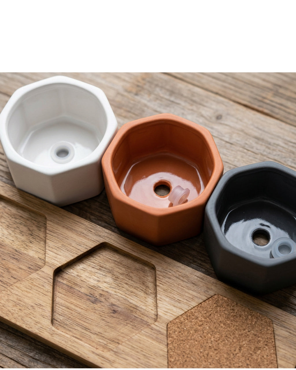 Ymvbk Hexagonal Mini Ceramic Planter Set of 3 with Acacia Tray - Detail view