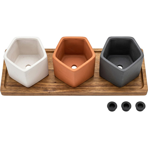 Ymvbk Hexagonal Mini Ceramic Planter Set of 3 with Acacia Tray - Product view