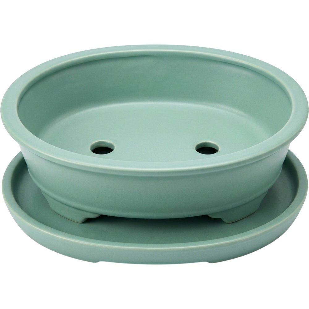 Ymvbk Oval Bonsai Ceramic Planter with Tray Seafoam - Product view