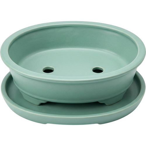 Ymvbk Oval Bonsai Ceramic Planter with Tray Seafoam - Product view