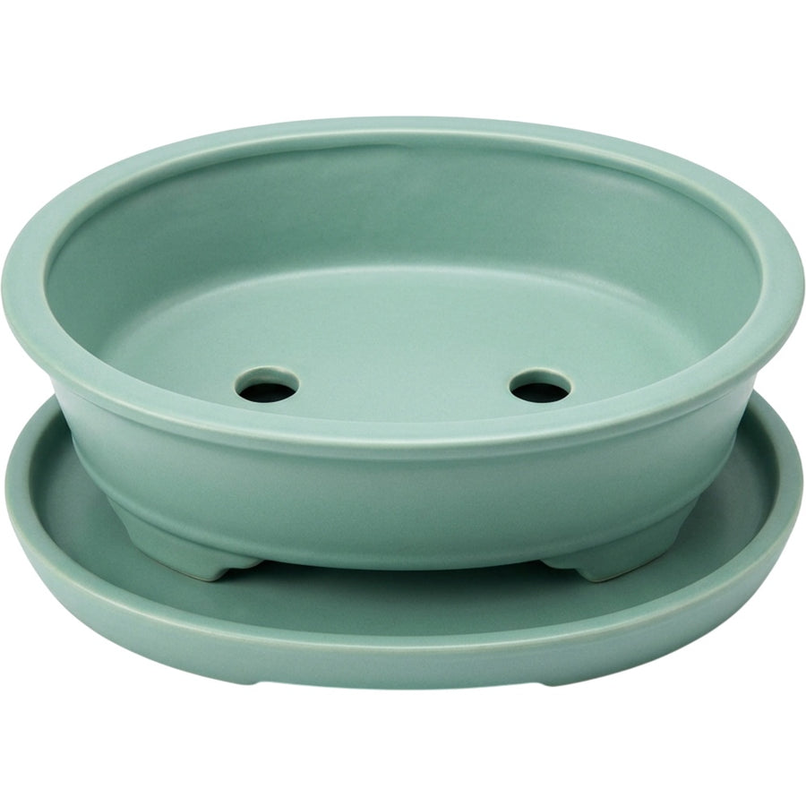 Ymvbk Oval Bonsai Ceramic Planter with Tray Seafoam